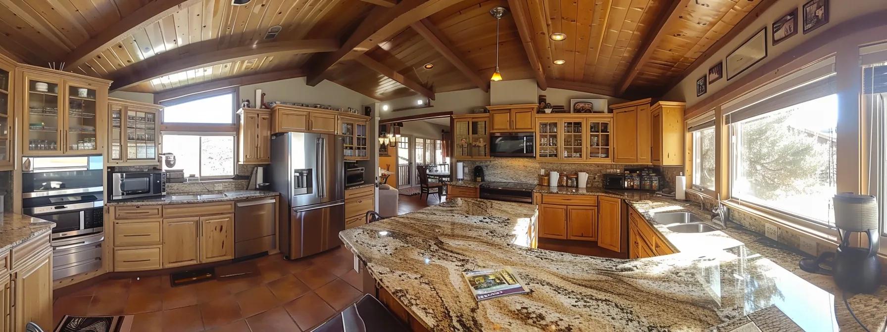 a beautifully designed kitchen featuring a striking blend of elegant granite countertops, sleek stainless steel appliances, and warm wooden cabinetry, all bathed in natural light to emphasize the harmonious balance of luxury and practicality in a remodel budget.
