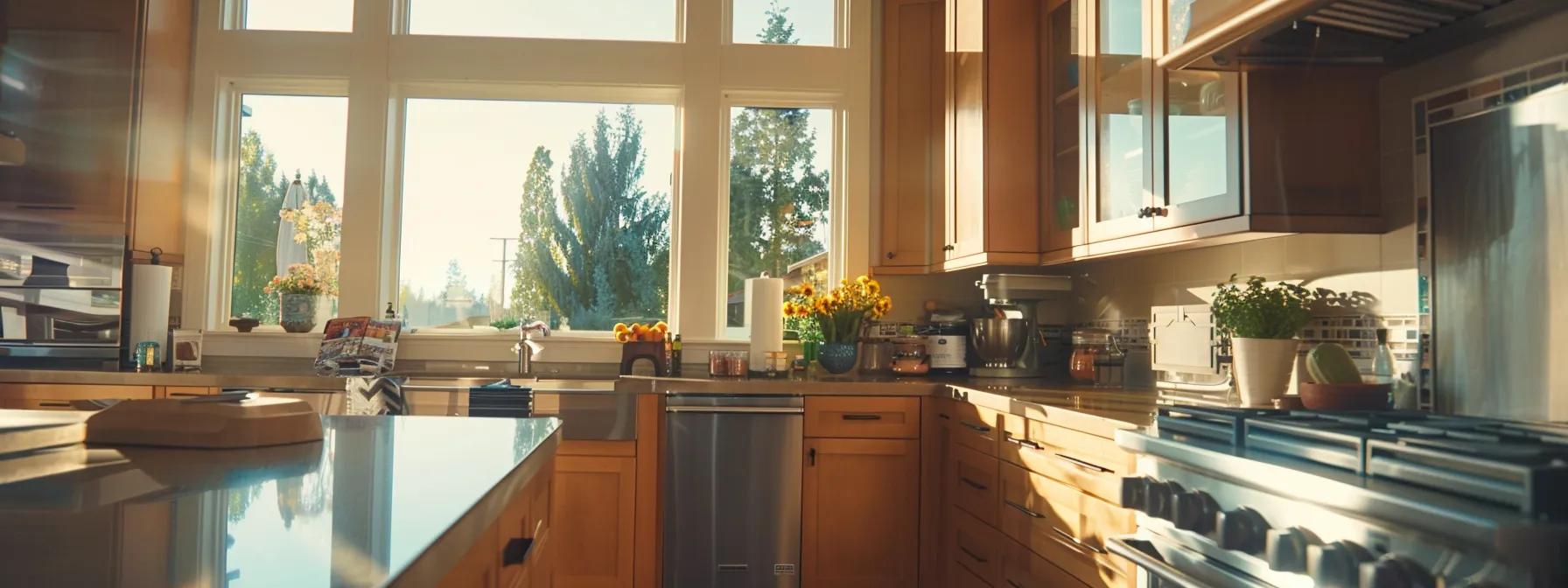 a beautifully designed, modern kitchen showcasing sleek cabinetry, polished countertops, and vibrant accents, illuminated by natural sunlight streaming through large windows.