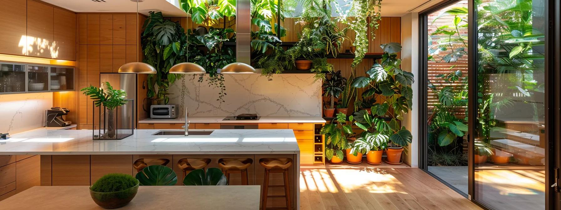 a sunlit, modern kitchen in san diego showcases vibrant greenery, sustainable materials, and sleek design elements that embody the essence of eco-friendly living.