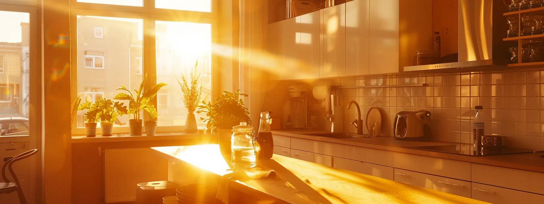 a vibrant, modern kitchen showcases sleek cabinetry and minimalist decor, illuminated by soft natural light streaming through large windows, creating an inviting and stylish cooking space.