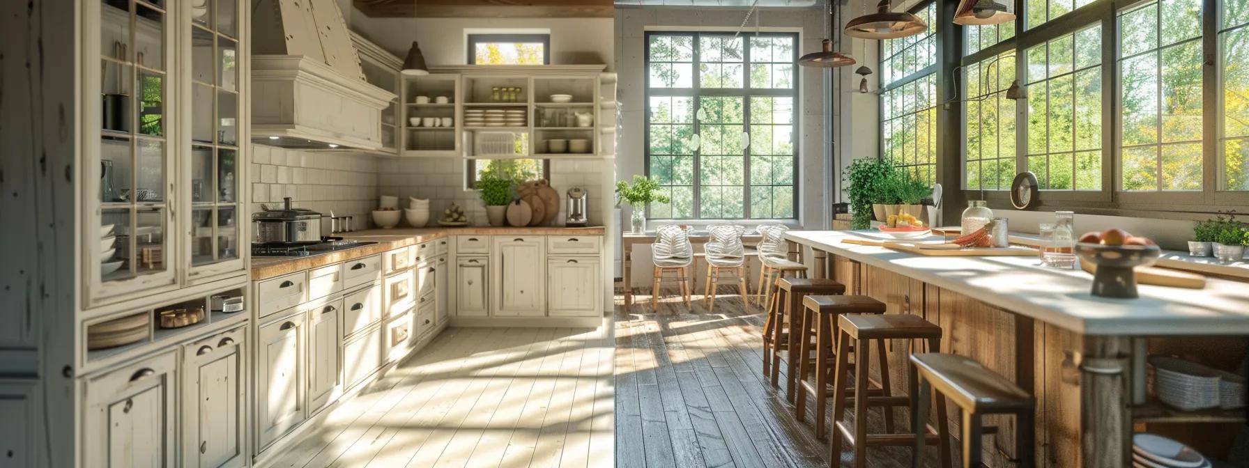 a visually striking kitchen showcases the sharp contrast between pristine, high-quality materials and worn, low-quality surfaces, emphasizing the hidden dangers of poor renovation choices under soft, natural light streaming through large windows.