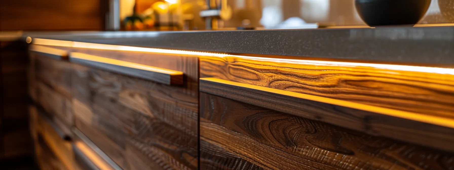 a beautifully crafted, custom cabinetry installation showcases rich wooden textures and elegant countertops, illuminated by soft natural light, exemplifying quality craftsmanship and timeless durability in a sophisticated kitchen setting.