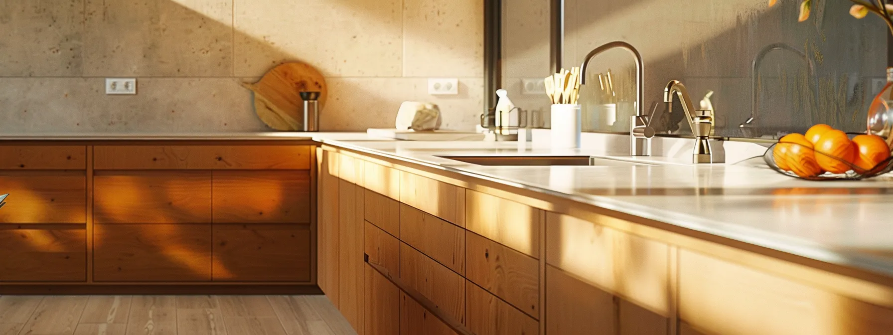 a beautifully crafted custom cabinet made from sustainable materials, showcasing a sleek, modern design in a sunlit kitchen, emphasizes eco-friendly elegance and minimal waste.