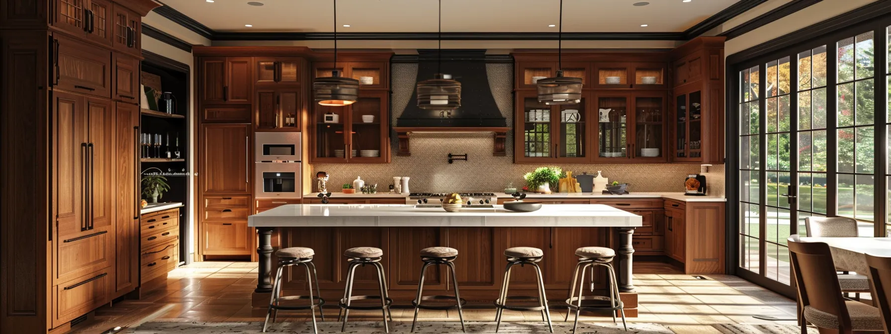 a beautifully crafted kitchen featuring elegant custom cabinetry with rich wood tones, seamlessly integrating tailored storage solutions that highlight functionality and sophisticated design.