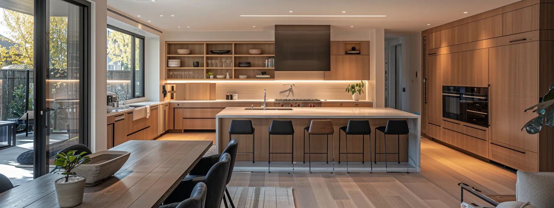 a beautifully designed custom cabinetry installation in a modern kitchen showcases sleek lines and innovative storage solutions, bathed in warm, natural light that highlights the craftsmanship and optimizes the small space.