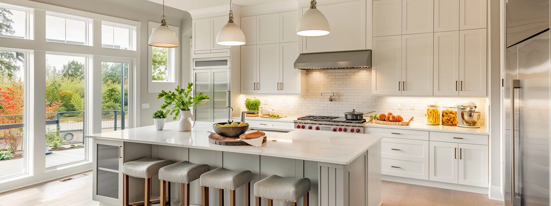 a beautifully designed modern kitchen with a blend of high-end finishes and budget-friendly materials, showcasing the impact of design choices on costs through its elegant yet functional layout and vibrant color palette.
