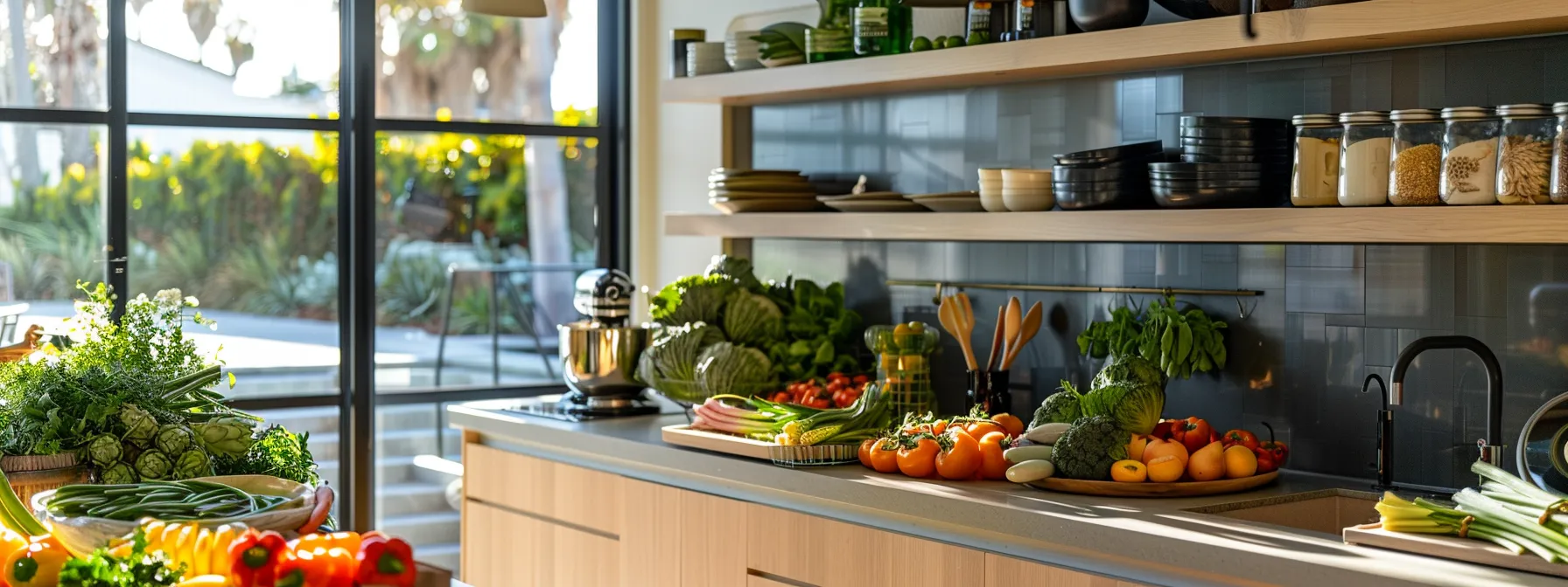 a beautifully organized san diego kitchen showcases sleek, eco-friendly storage solutions, vibrant fresh produce arranged elegantly, and a sense of warmth radiating from natural light streaming through large windows.