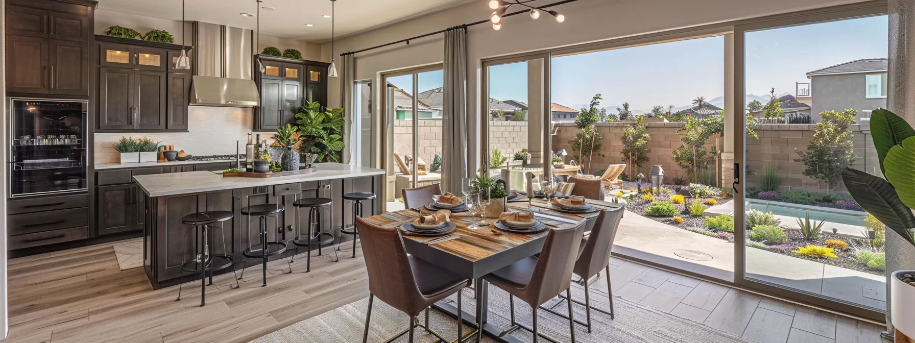 a stunning kitchen seamlessly opens to an inviting outdoor dining space through expansive sliding glass doors, bathed in warm sunlight, showcasing both modern design elements and lush greenery that highlight san diego's vibrant lifestyle.