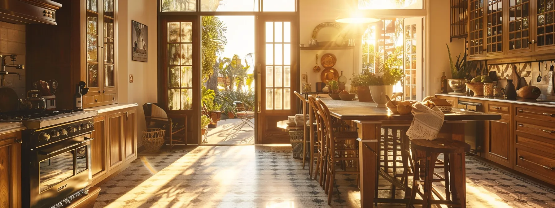 a sunlit san diego kitchen showcases a harmonious blend of open-concept layout and traditional design elements, exuding warmth and inviting coastal charm.